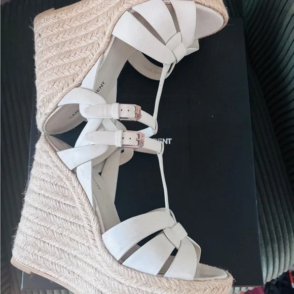 Saint Laurent Cream Woven Platform Sandals - Picture 5 of 5